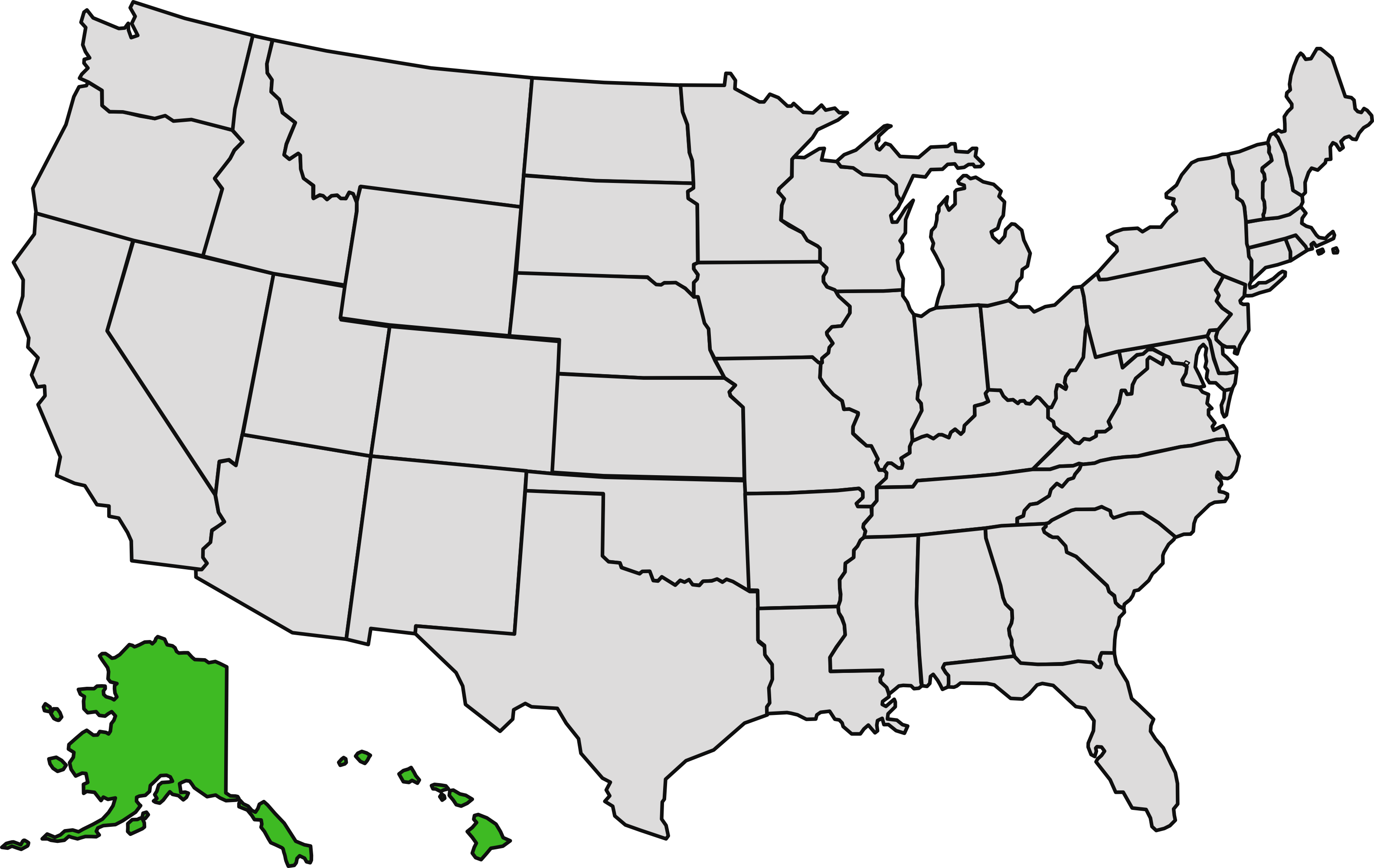 Map of United States with Alaska and Hawaii shaded