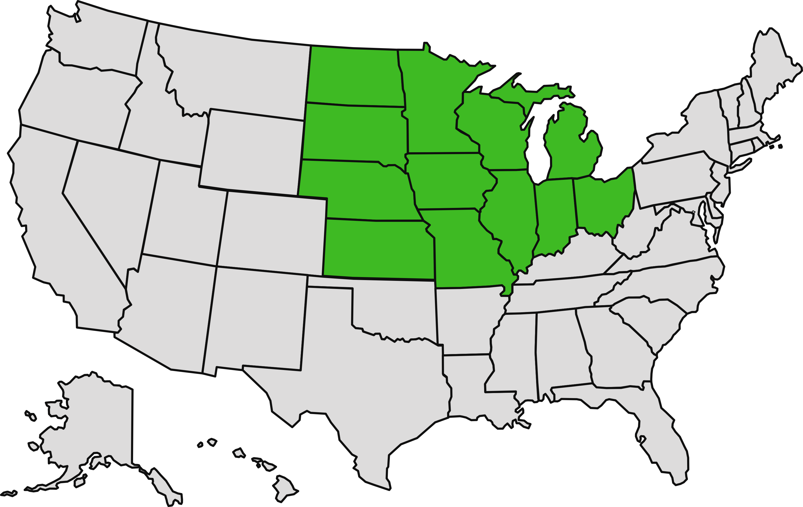 Map of United States with Midwest Region shaded