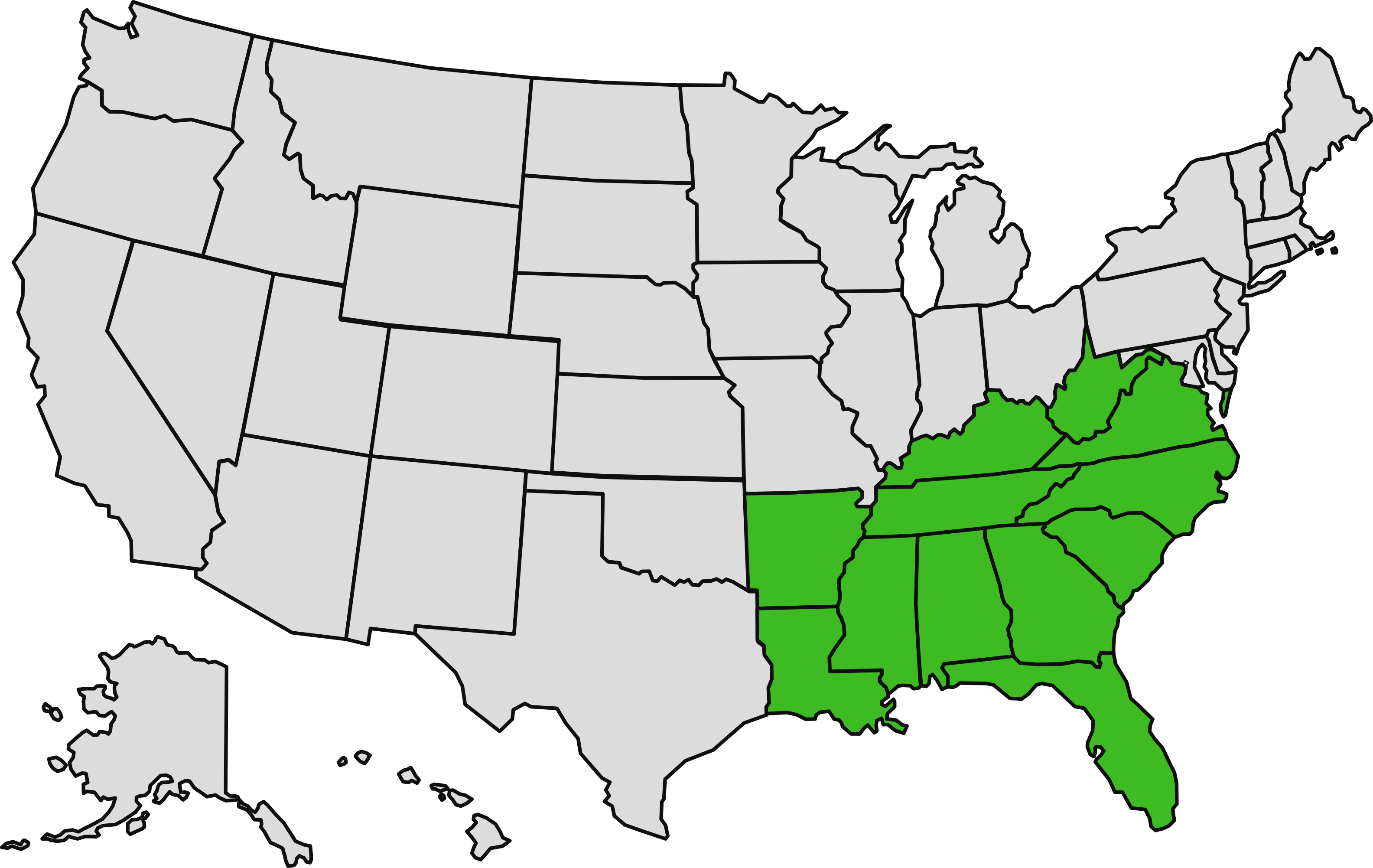 Map of United States with Southeast Region shaded