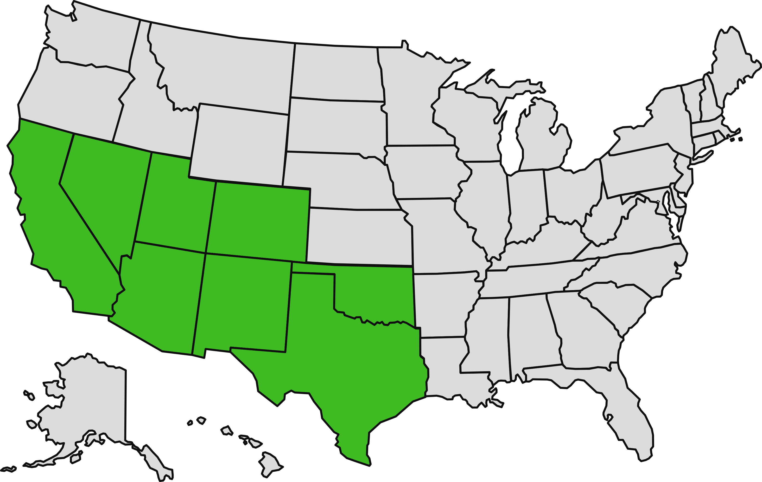 Map of United States with Southwest Region shaded