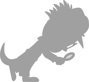 sillouette of the GTM mascot Scrib, a cross between a monkey and otter, with a magnifying glass