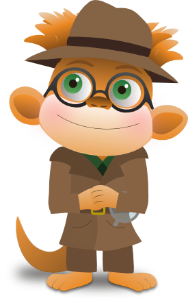 the GTM mascot scrib, a mix between a monkey and an otter with green eyes, looking towards the upper-left of the screen
