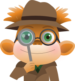 Scrib, the GTM mascot, a cross between a monkey and an otter, facing forward with a magnifying glass to its right eye